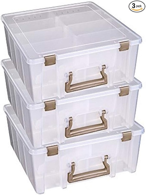 ArtBin 6990ZZ Super Satchel Double Deep 3-Pack, Portable Art & Craft Organizers with Handles, [3] Plastic Storage Cases, Clear with Rose Gold Accents