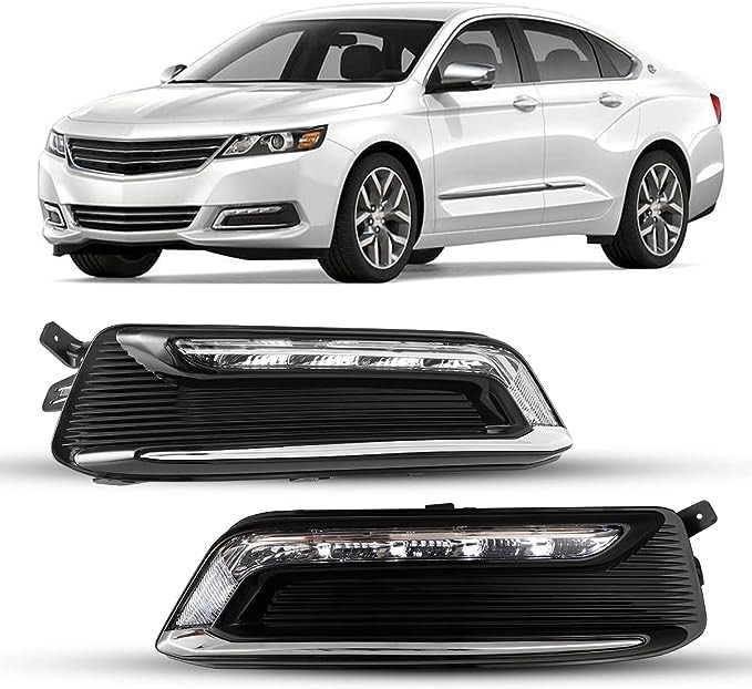 Winjet LED Fog Light Pair Assembly Kit OEM Series for [2014 2015 2016 2017 2018 2019 2020 Chevrolet Impala] Driving DRL Fog Lamp w/Fog Lights Bezel Driving Lights Wiring Kit & Switch (Clear Lens)