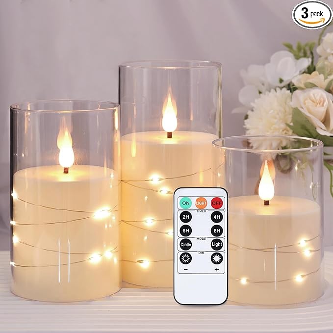 Flickering Flameless Candles Battery Operated with Timer, 3D Moving Flame Battery Candle, Real Wax Pillar Electric LED Candle for Indoor Use, Home Decor Ivory 3" X 3" Set of 3
