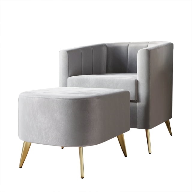 Castle Place Modern Upholstered Velvet Accent Chair with Stool, Silver Grey