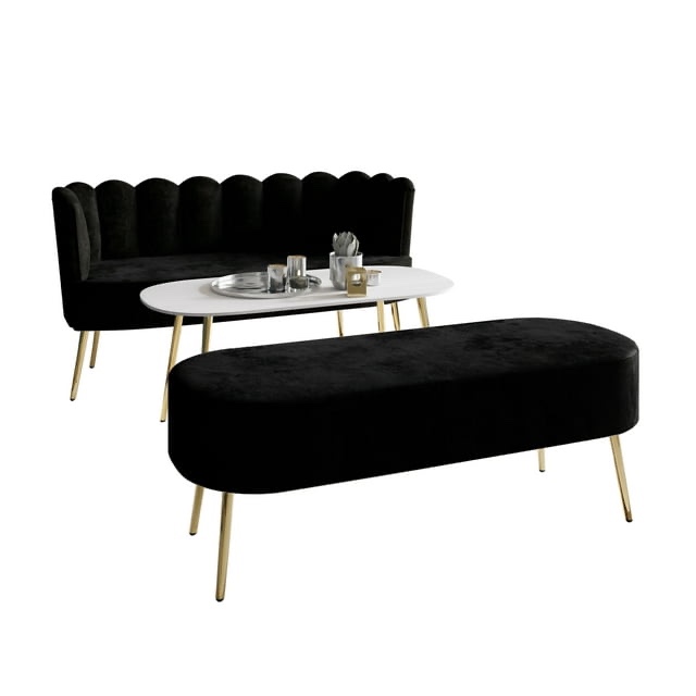 Castle Place Modern Luxury Upholstered Velvet Love Seat with Bench and Coffee Table, Black