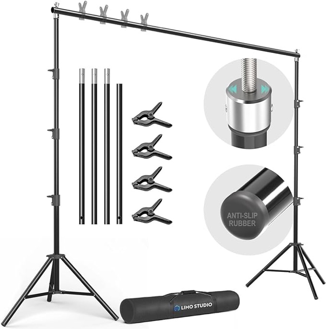 GLOSHOOTING Backdrop Stand, 10x7ft(WxH) Photo Background Stand Adjustable Support Kit with 2 Crossbars, 8 Backdrop Clamps, 2 Sandbags and Carrying Bag for Parties Photography Wedding Decoration