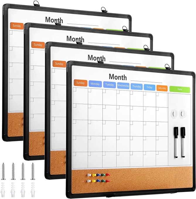 Jutom 4 Sets Dry Erase Calendar Board Magnetic Calendar Whiteboard for Wall Bulletin Corkboard Combination 24x18 Inch Hanging Aluminum Frame Marker Wall Mounted Board for Home Office School Plan Memo