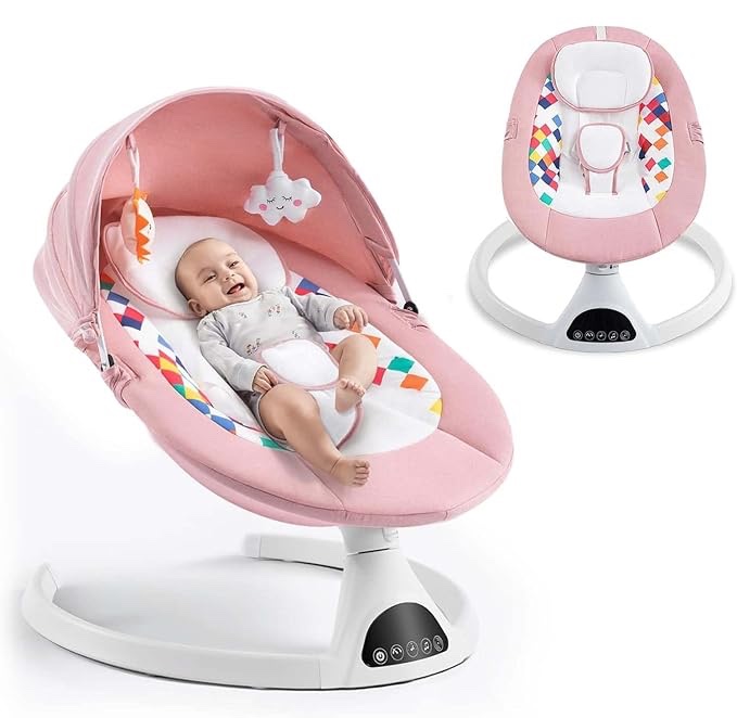 Bluetooth Baby Swing for Infants, 5 Speed Bluetooth Baby Bouncer Music Speaker with 12 Preset Lullabies, Remote Control Indoor Baby Rocker with Touch Screen Chair for 5-20 lb, 0-9 Months (Pink)