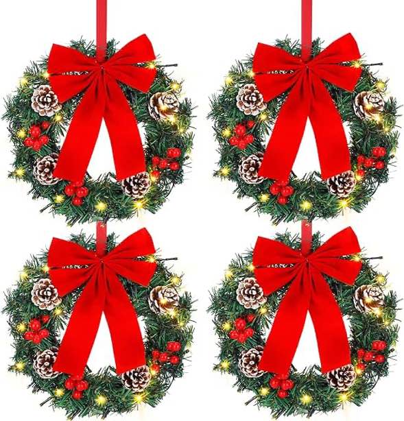 Lyrow 6 Pcs Lighted Christmas Wreath with Red Bow Ornament 13 Inch Prelit Xmas Wreath Battery Operated Mini Christmas Wreaths for Front Door Outdoor Holiday Wall Indoor Xmas Decorations Party Decor