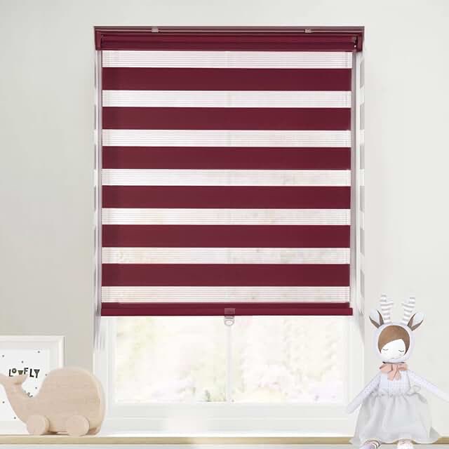 LazBlinds No Tools No Drill Cordless Dual Layer Zebra Roller Blinds, Light Filtering Sheer Shades Horizontal Window Blinds for Windows Size 30'' W x 72'' H, Bordeaux Light Filtering - Bordeaux 30'' W x 72'' H