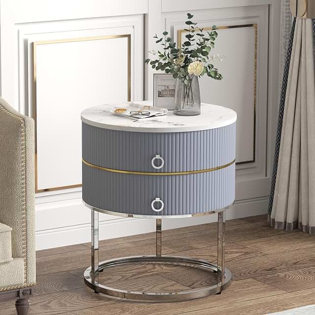 O&K FURNITURE Marble Round End Table, Modern Nightstand Table with 2 Drawers, Side Table Metal Legs for Bedroom Living Room, Bedside Furniture, White & Gold (Marbling Natural Stone)