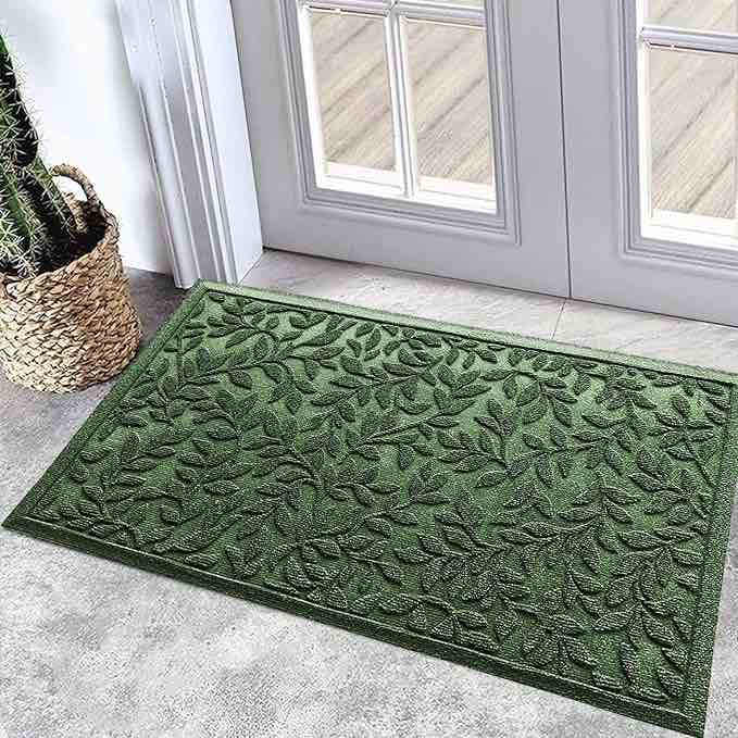 Bulijojo Outdoor Indoor Entrance Doormats,Durable Heavy Duty Welcome Mat,Thick Absorbent Natural Rubber Non Slip Mat,Easy Clean Entryway Rug Leaves Green 23"x35"