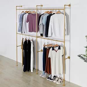 ZGZR Industrial Pipe Clothes Rack Metal Clothing Store Display Stands Wall Mounted Garment Rack, Heavy Duty Hanging Rod for Closet Storage, 89.8in Gold