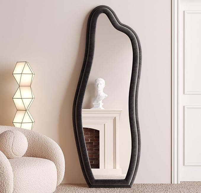 BOJOY Full Length Mirror 63"x24", Irregular Wavy Mirror, Wave Floor Mirror, Wall Mirror Standing Hanging or Leaning Against Wall for Bedroom, Flannel Wrapped Wooden Frame Mirror- Black