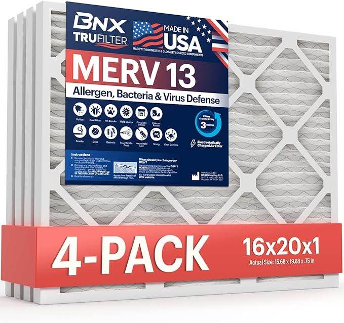 BNX TruFilter 16x20x1 Air Filter MERV 13 (6-Pack) - MADE IN USA - Electrostatic Pleated Air Conditioner HVAC AC Furnace Filters for Allergies, Pollen, Mold, Bacteria, Smoke, Allergen, MPR 1900 FPR 10