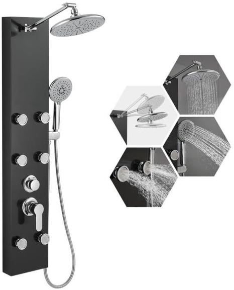 ROVATE Shower Panel Tower System with Adjustable Rainfall Shower Head, Black Shower Column with 6 Body Massage Jets and 5 Functions Handheld Shower, 304 Stainless Steel Shower Tower Wall Mounted