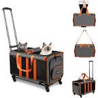 Rolling Cat Carrier with Wheels for 2 Cats, Double-Compartment Foldable Pet Carrier with Wheels for 2 Small Cats and Dogs, Pet Cat Travel Carrier for Hiking/Camping/Veterinary Visits, Gray