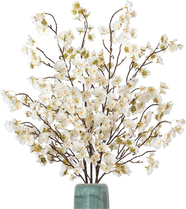 Ammyoo 4 Pcs Artificial Cherry Blossom Flowers Bulk Silk Faux Flowers Real Touch Bouquet for Christmas Halloween Home Wedding Decoration(White)