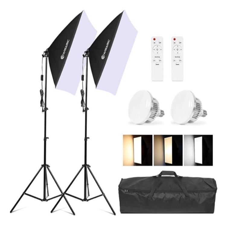 Wisamic Softbox Lighting Kit, 20X28 inch Photography Softbox Kit , 2800K-5700K 85W E27 Dimmable LED Light Head with Remote, Professional Photo Studio Equipment for Camera Product Shooting Selfie