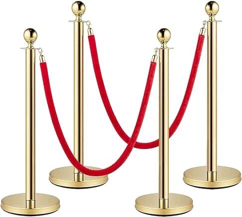 Stainless Steel Stanchion Post,5 FT Velvet Red Carpet Ropes and Poles,Hollow Base and Ropes Safety Barriers Set,Stanchions and Velvet Ropes,Carpet Runner for Party(37in,4pcs,Silver) 4Pcs Sliver Sliver