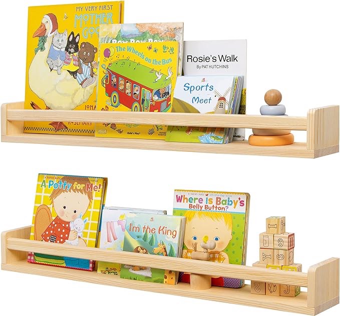Fun Memories Nursery Book Shelves for Wall Set of 2- Rustic Natural Solid Wood Kids Floating Bookshelf for Bedroom - Wall Shelves for Kids Room, Home Decor, Kitchen Spice Rack - 32 Inch
