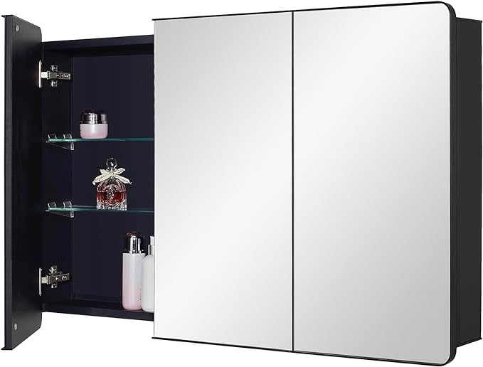 IDYLLOR Black Bathroom Medicine Cabinet with Round Corner Framed Door, 40 x 25.5 inch, Recessed or Surface Mount, with Adjustable Glass Shelves