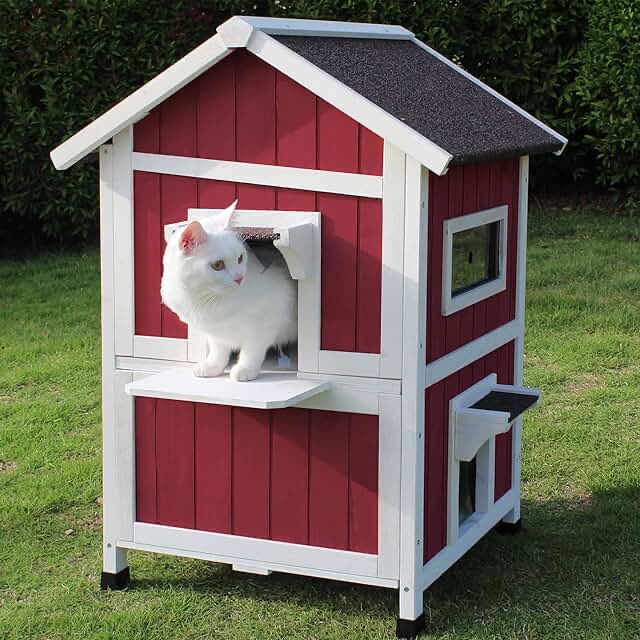 Cat House Outdoor Kitty House Insulated Feral Cat Shelter with Escape Door Outside Weatherproof Wine Red HiCaptain