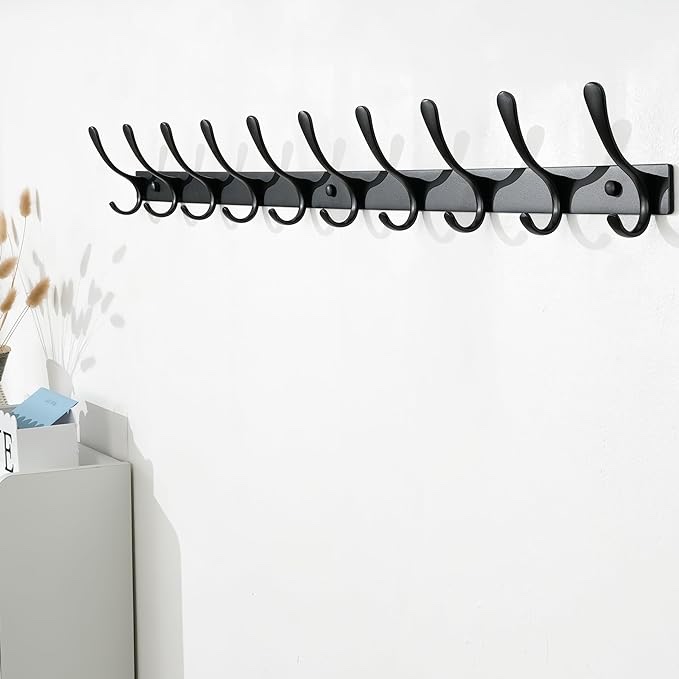 SKOLOO Coat Rack Wall Mounted - 10 Hooks, Heavy Duty, Stainless Steel, Metal Wall Coat Hanger, Sturdy Wall Hooks for Hanging Coat, Jacket, Clothes, Hat, Black