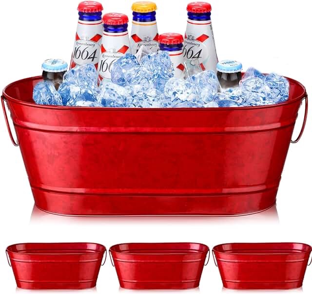 Seewey 4 Pack Oval Metal Galvanized Tub 2.4 Gallons Beverage Tub Metal Bucket with Handles Ice Drink Buckets for Parties Large Metal Tub for Wine Drink Party Beer Storage Drinks Champagne (Red)