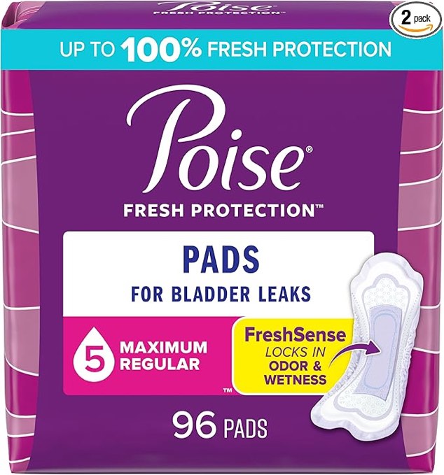 Poise Incontinence Pads & Postpartum Incontinence Pads, 5 Drop Maximum Absorbency, Regular Length, 96 Count, Packaging May Vary