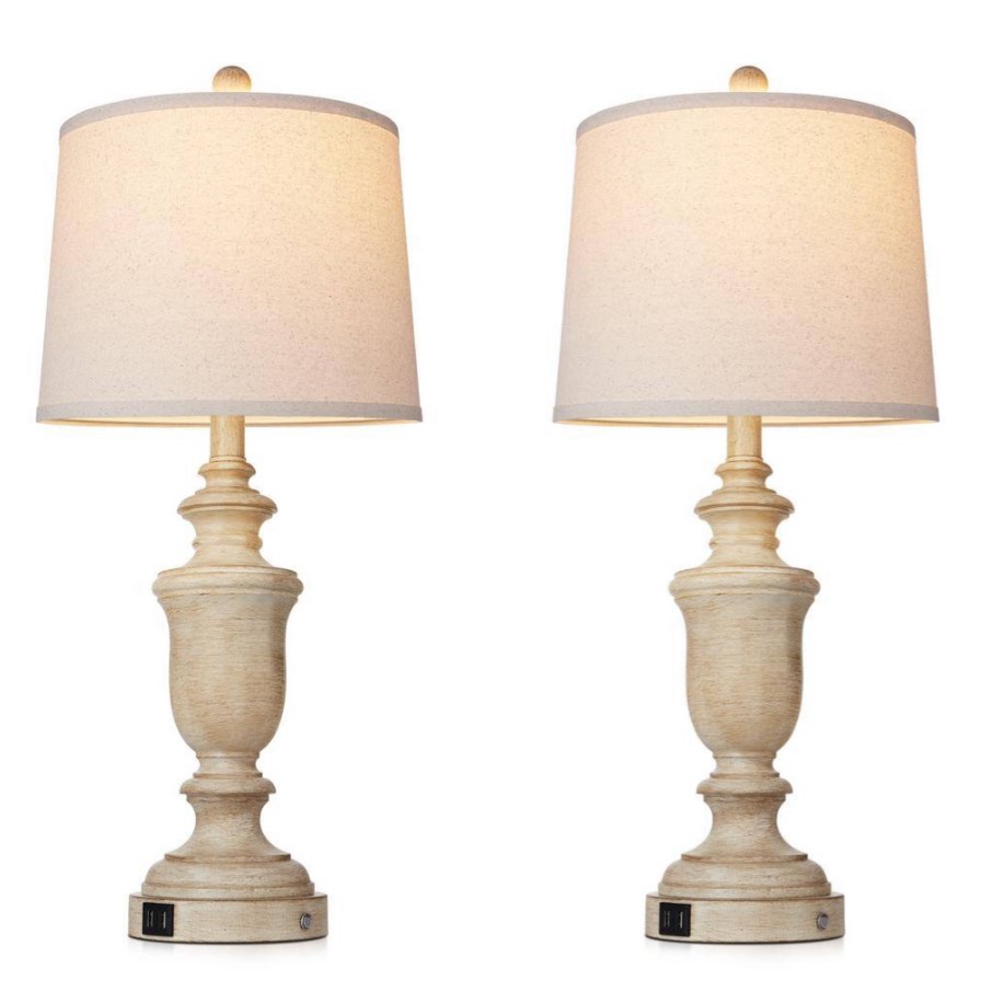  Lieven 25.6 in. Distressed Beige Farmhouse Resin Table Lamp Set with Dual USB Ports
