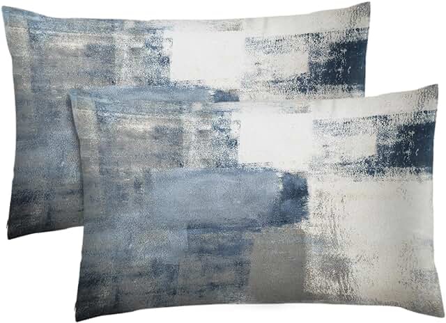 Navy Blue Grey Throw Pillow Covers, Gray White Modern Abstract Art Painting Throw Pillows for Couch, Blue Pillow Covers 12x20 Inch 2 Pcs Square Cushion Cover Gift for Couch Sofa