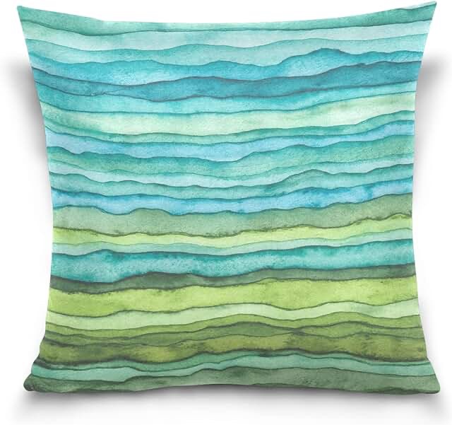 Blue Green Waves Strips Watercolor Cotton Velvet Throw Pillow, Pillowcase Sham Cushion Case Covers, Soft Breathable Bed Pillow Cases Twin Sides for Car Couch Bed 16x16 inches