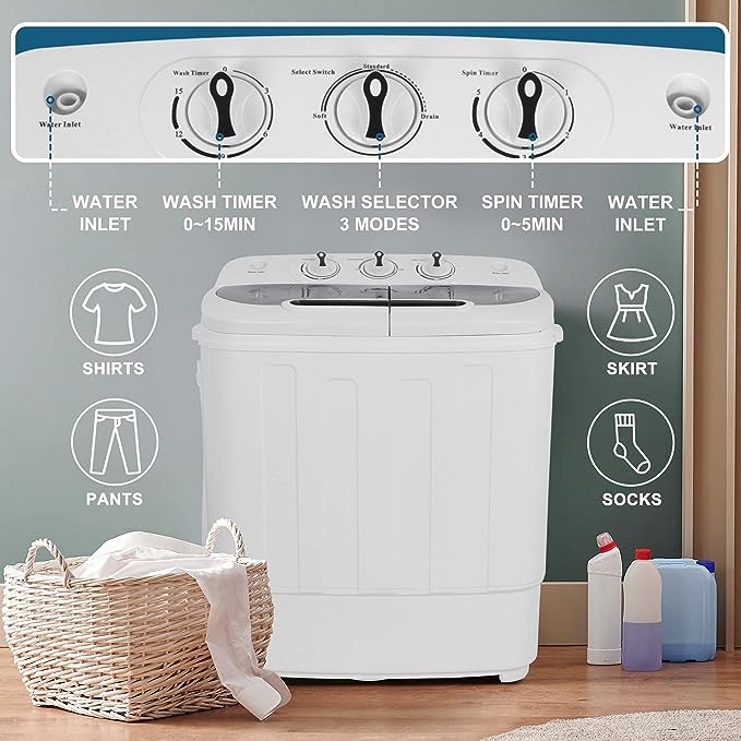 SUPER DEAL Compact Mini Twin Tub Washing Machine 13lbs Capacity Portable Washer Wash and Spin Cycle Combo, Built-in Gravity Drain for Camping, Apartments, Dorms, College, RV’s and Small Spaces