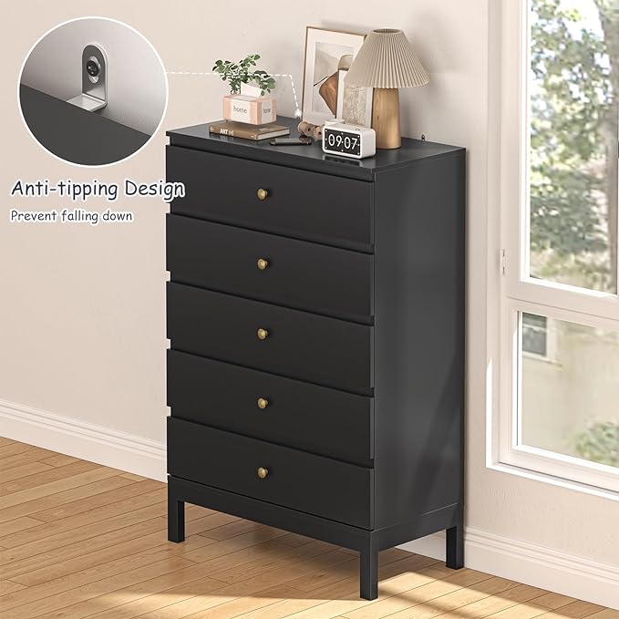 Black 5 Drawer Dresser Modern Chest of Drawers with Smooth Metal Rail, Clothing Organizer with Wide Storage Space, Storage Cabinet for Living Room, Bedroom, Closet, Hallway