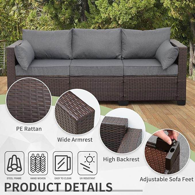 PE Wicker Outdoor 3-Seat Sofa Brown Rattan Furniture Set Deep Seating with Anti-Slip Grey Cushion Visit the WAROOM Store