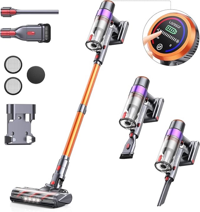 Laresar Cordless Vacuum Cleaner, 450W/38000pa Stick Vacuum Cleaner with Touch Screen, Up to 55 Mins Runtime, Handheld Anti-Tangle Vacuum Cleaner, Edge Cleaning, Pet Hair, Carpet and Hardwood Floor