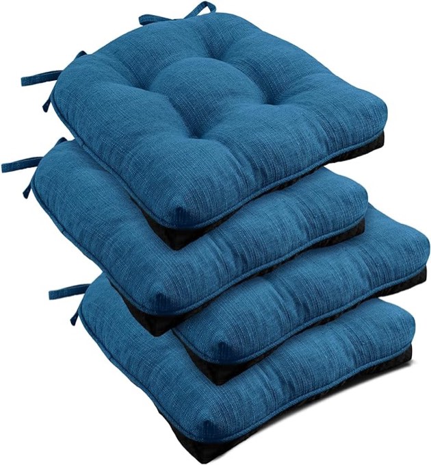 downluxe Indoor Chair Cushions for Dining Chairs, Tufted Overstuffed Textured Memory Foam Kitchen Chair Pads with Ties and Non-Slip Backing, 15.5" x 15.5" x 4", Aqua Blue, 4 Pack