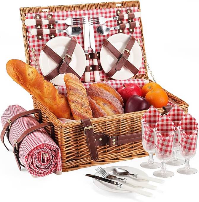 Picnic Basket for 4 Persons with Waterproof Picnic Blanket and Insulated Cooler, Large Wicker Picnic Basket 