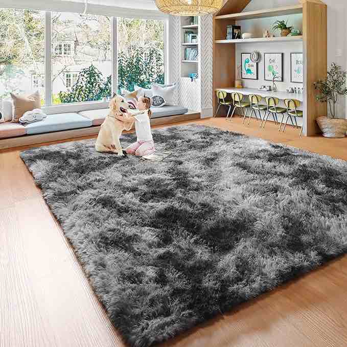 Fluffy Soft Shaggy Area Rug 5x8 Tie-Dye Dark Grey Fuzzy Non-Slip Neutral Rug for Living Room Bedroom 