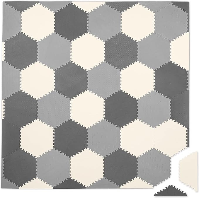 Non-Toxic Foam Puzzle Floor Mat, Comfortable, Extra Thick, Cushiony Exercise and Play Mat for Toddlers, Kids & Adults, 36 Tiles (12"x12"), Hexagon, Grey/Cream/Charcoal