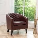KINWELL Mid Century Modern Tufted Faux Leather Barrel Armchair Club Accent Nailhead Chair