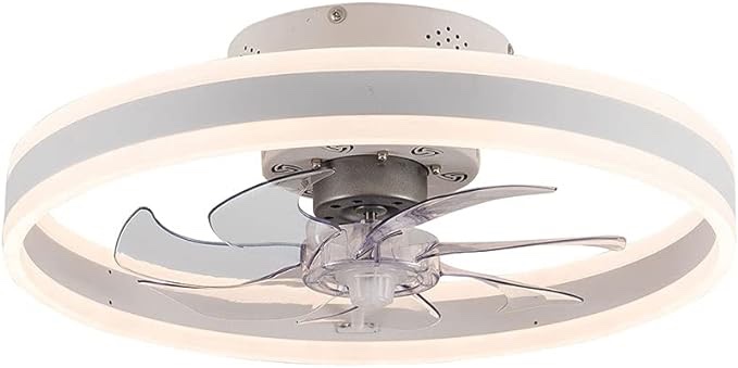 20 Inch Modern Indoor Invisible Blades Flush Mount Ceiling Fan with Lights and Remote, White Low Profile Ceiling Fans for Bedroom Living Room