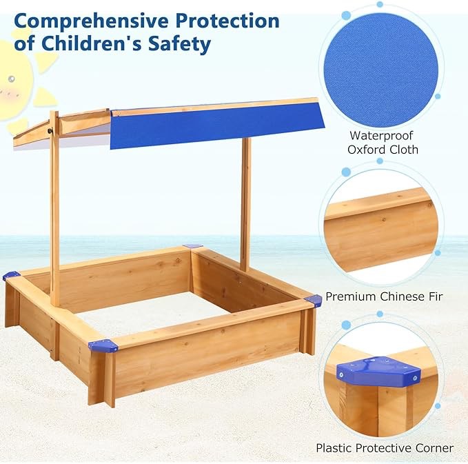 Kids Outdoor Wooden Retractable Sandbox With Cover And Built-In Wheels
