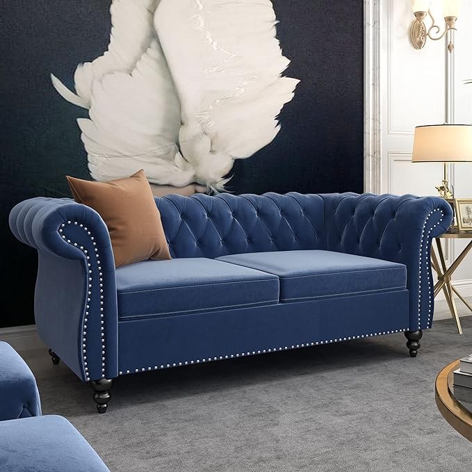 RARZOE Traditional Chesterfield Loveseat Sofa, Modern Vintage Chesterfield Button Tufted Velvet Couch with Nailhead Trim Scrolled Arms for Living Room Bedroom Office(Blue) (box 1 of 4)