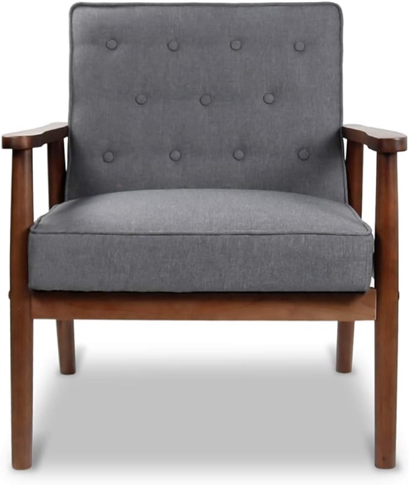 JIASTING Mid-Century Retro Modern Solid Wood Armrest Accent Chair, Faux Leather Tufted Back Upholstered Lounge Chairs, Living Room Furniture (Grey 8325)