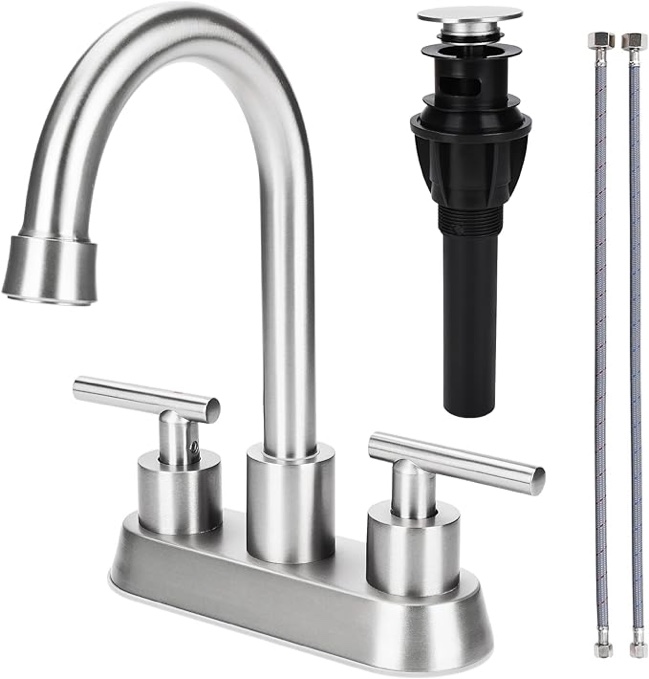 GXCROR Bathroom Faucets for Sink 3 Hole,4 inch Stainless Bathroom Sink Faucet, Stainless Steel Lead-Free 2-Handle Centerset Faucet for Bathroom Sink Vanity with Pop-up Drain and 2 Supply Hoses