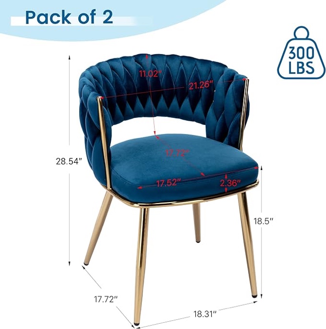 Upholstered Living Room Chair with Woven Back and Golden Metal Legs, Mid-Century Accent Side Chair for Living Room, Dining Room, Kitchen, Blue