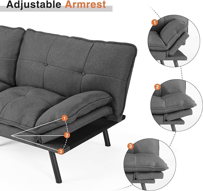 DUMOS Sleeper Futon Sofa Couch Bed, Memory Foam Couch, Convertible Living Room Couch, Apartment, Studio, Office, Meeting Room, Living Room, Gark Grey