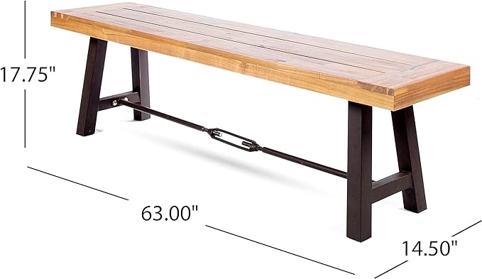 Christopher Knight Home Catriona Outdoor Acacia Wood Bench with Metal Accents, Teak Finish / Rustic Metal 14. 50 x 63 x 17. 75 inches