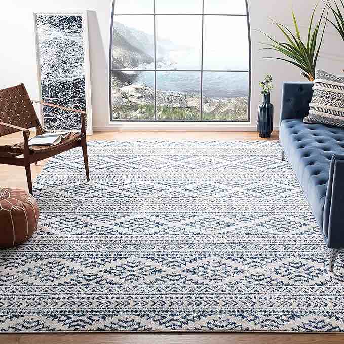 SAFAVIEH Tulum Collection Area Rug - 8' x 10', Ivory & Navy, Moroccan Boho Tribal Design, Non-Shedding & Easy Care, Ideal for High Traffic Areas in Living Room, Bedroom (TUL272D)