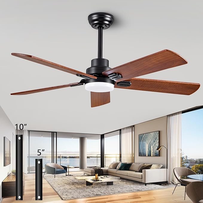 52" Ceiling Fan with Remote Control with Lights (LED), Modern Reversible DC Motor Indoor Outdoor 5 Blade Ceiling Fan for Patio, Bedroom and Farmhouse (Black + Walnut)
