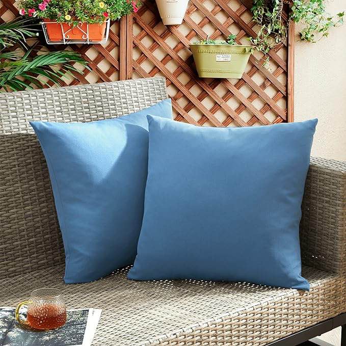 puredown® Outdoor Waterproof Throw Pillows, 22 x 22 Inch Feathers and Down Filled Decorative Square Pillows for Garden Patio Bench, Pack of 2, Blue