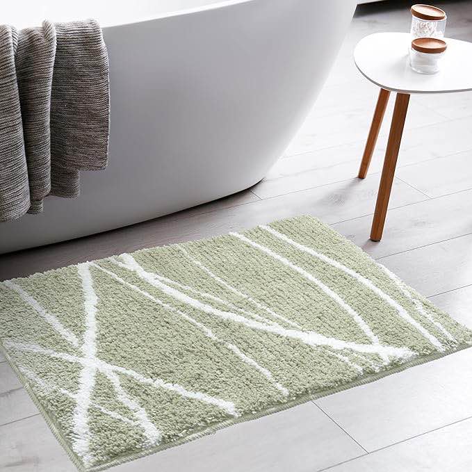 Tititex Luxury Sage Green White Curve Line Bathroom Rug, 16x24 inch Extra Soft and Absorbent Microfiber Bath Rugs, Non-Slip Plush Shaggy Bath Carpet, Bath Mats for Bathroom Floor, Tub and Shower